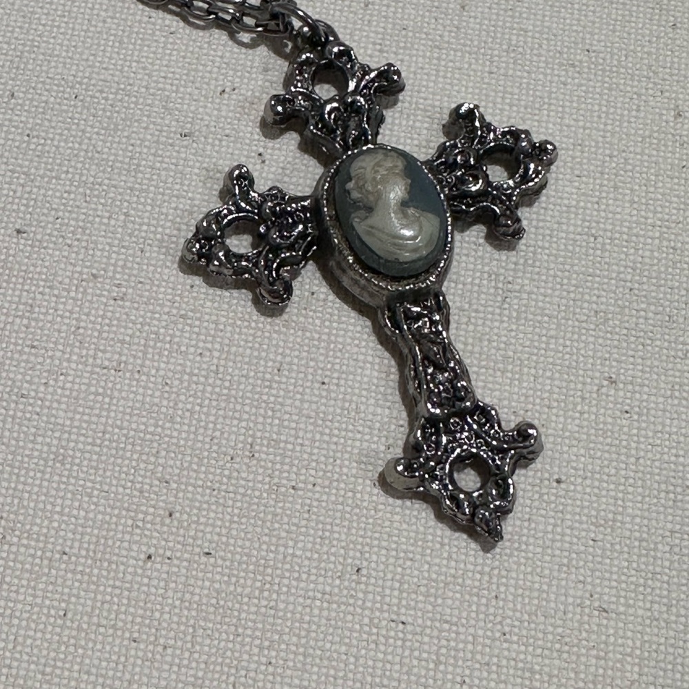 Blue and Silver Filigree Cross Necklace with Cameo
